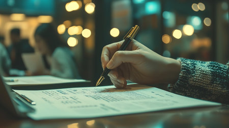 Closeup of businesswoman hand signing contract at table in cafe.の素材