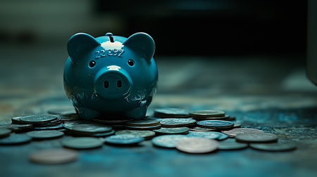 Blue piggy bank and coins on the table. Saving money concept.の素材
