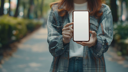 Young woman holding smartphone with blank screen. Mockup for your design.の素材
