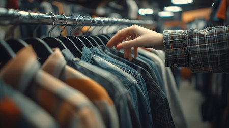 Woman choosing clothes in clothing store, closeup. Fashion shopping conceptの素材