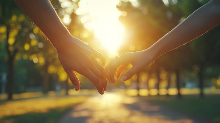 Young couple holding hands and walking in the park at sunset time.の素材