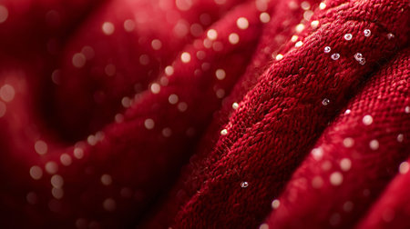 Close up of red knitted fabric with glittering bokehの素材