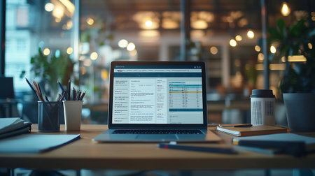 Close up of laptop with website on screen. Business and technology conceptの素材