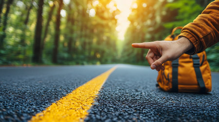Traveler hitchhiking on the road in the forest with backpack.の素材