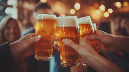 Close-up of a group of friends clinking glasses of beerの素材