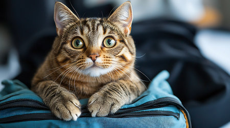 Cute tabby cat with big eyes lying on blue bag.の素材