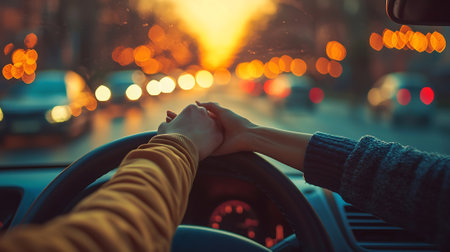 Young woman driving a car on the road in the evening. Focus on handの素材