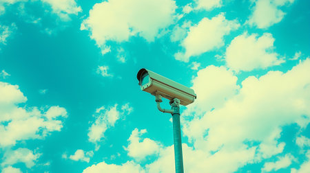 CCTV security camera on blue sky background - vintage effect style picturesの素材