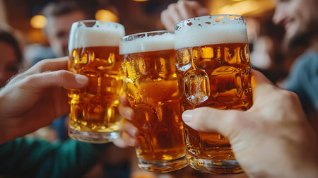 Close-up of a group of friends clinking glasses of beerの素材