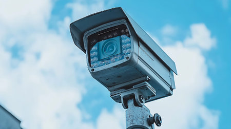 CCTV security camera on blue sky background with copy space for textの素材