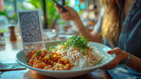 Woman eating rice with vegetables in a restaurant. Close-up.の素材