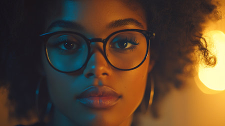 Close up portrait of young african american woman in eyeglasses.の素材