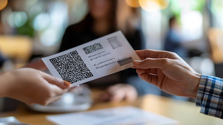 Close-up of QR code on paper in hand of businesswomanの素材