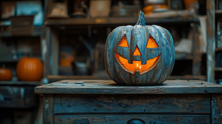 Halloween pumpkins on a wooden table in a rustic styleの素材