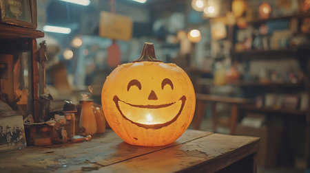Halloween pumpkin smile on a wooden table in the halloweenの素材