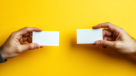 Two hands holding blank business cards on yellow background, top view.の素材