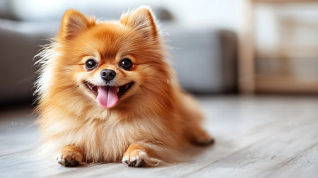 Beautiful Pomeranian dog on the floor in the living roomの素材