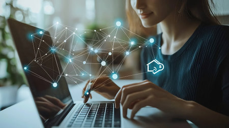 Woman working on laptop and network hologram. Internet and technology concept.の素材