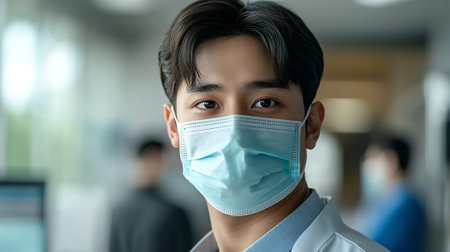 Portrait of Asian male doctor wearing surgical mask and looking at cameraの素材