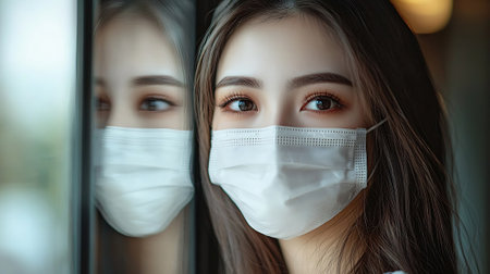 Close-up portrait of a beautiful girl in a medical mask.の素材