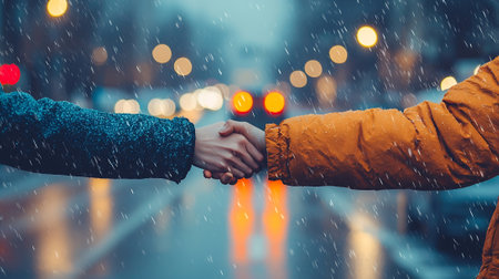 Close-up of couple holding hands on the background of the city street under the rainの素材