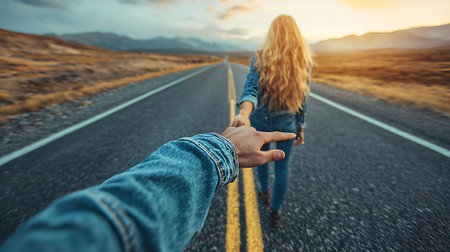 Young couple hitchhiking on an empty road in the mountains.の素材