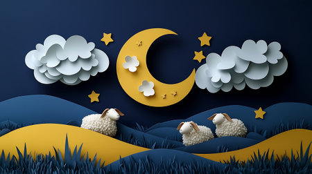 Sheep and moon in the night. Paper art style. Vector illustration.の素材
