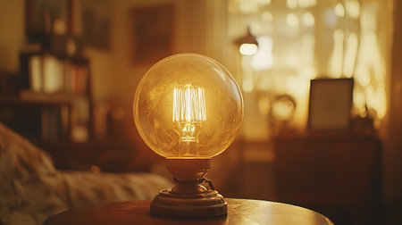 Vintage incandescent lamp on the table in the living roomの素材