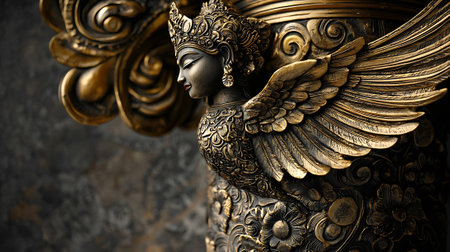 3d illustration of ancient gothic god with golden wings.の素材