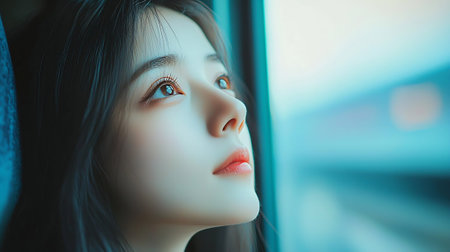 portrait of a beautiful asian woman looking out the window.の素材