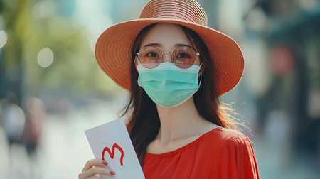 Young woman in a medical mask on the street. Coronavirus concept.の素材