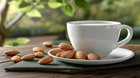 Cup of coffee with almonds on wooden table, 3d renderの素材