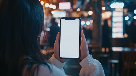 Mockup image of a woman holding mobile phone with blank white screen in a cafeの素材