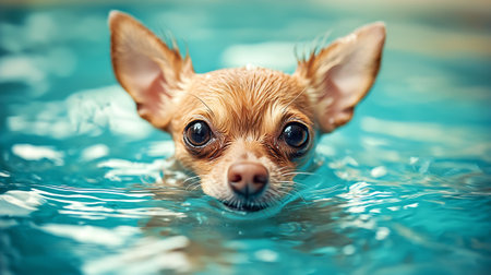Chihuahua dog swimming in the pool. Close up.の素材