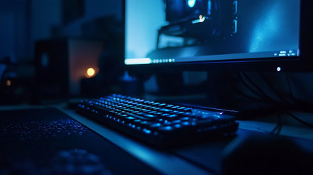 Close-up of computer keyboard and mouse in dark room at nightの素材