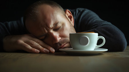 Man sleeping with cup of coffee on wooden table in dark room.の素材