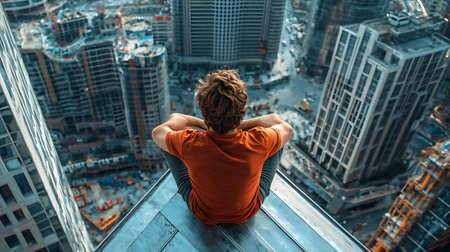 Rear view of a young man sitting on the roof of a skyscraper and looking at the cityの素材