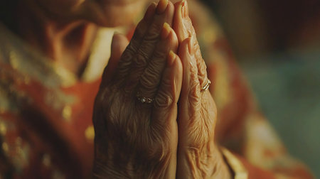 Close up of senior woman hands praying to god. Elderly woman in traditional indian clothing.の素材