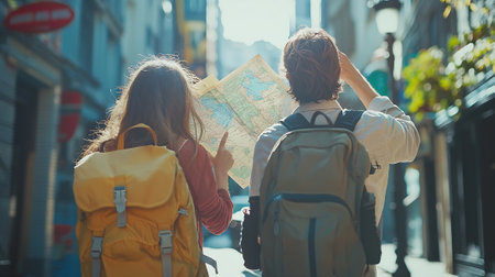 Back view of two female tourists with backpacks looking at map in the cityの素材