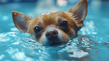 Chihuahua dog swimming in a swimming pool. Close up.の素材