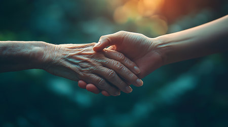 Hands of an elderly woman and a young girl holding hands.の素材