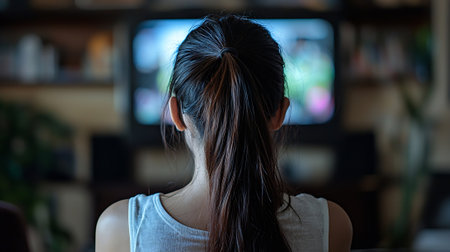 Young woman sitting in a cafe and looking at the TV screen.の素材