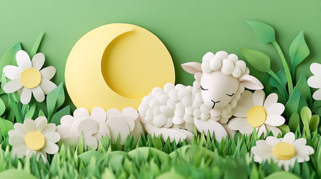 Paper cut sheep on green grass with moon and flowers. 3d renderingの素材