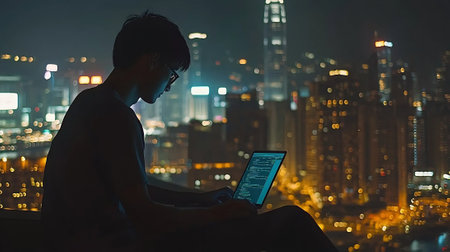 Silhouette of a man using a tablet computer in the city at nightの素材