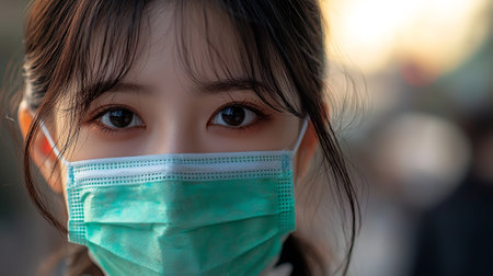 Asian woman wearing surgical mask protect from Coronavirus or COVID-19.の素材