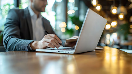 Businessman working with laptop in coffee shop. Close up of male hands using laptop in cafe. Business conceptの素材
