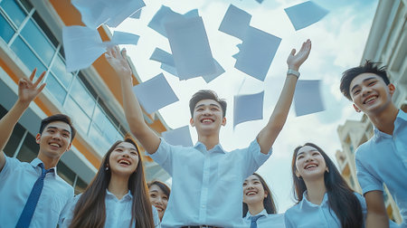 Group of asian high school students celebrating their success. Education concept.の素材