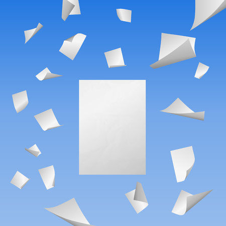 White blank sheets of paper with bent corners flying away into the blue skyのイラスト素材