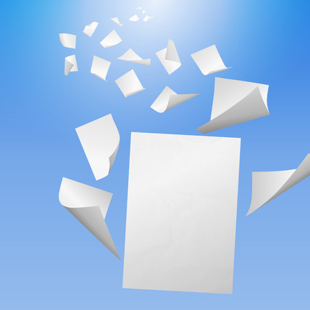 White blank sheets of paper with bent corners flying away into the blue skyのイラスト素材