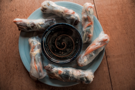 Vietnamese Summer rolls with fish sauceの写真素材